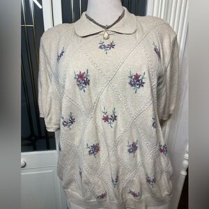 Alfred Dunner 2X Floral Embroidered Collared Knit Sweater